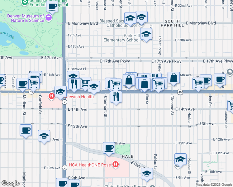 map of restaurants, bars, coffee shops, grocery stores, and more near in Denver