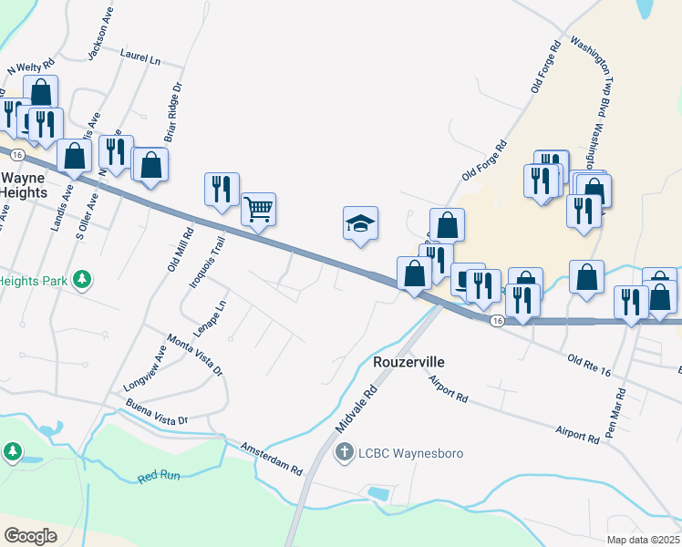 map of restaurants, bars, coffee shops, grocery stores, and more near 10828 Buchanan Trail East in Waynesboro
