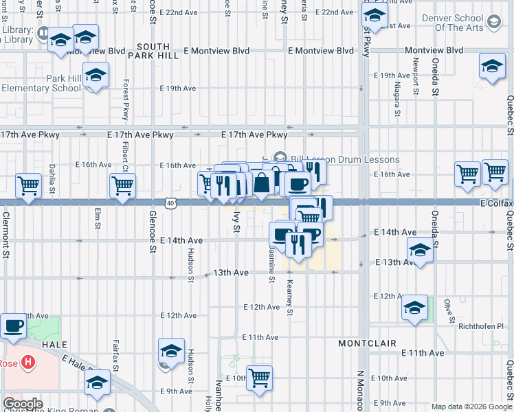 map of restaurants, bars, coffee shops, grocery stores, and more near 5900 East Colfax Avenue in Denver