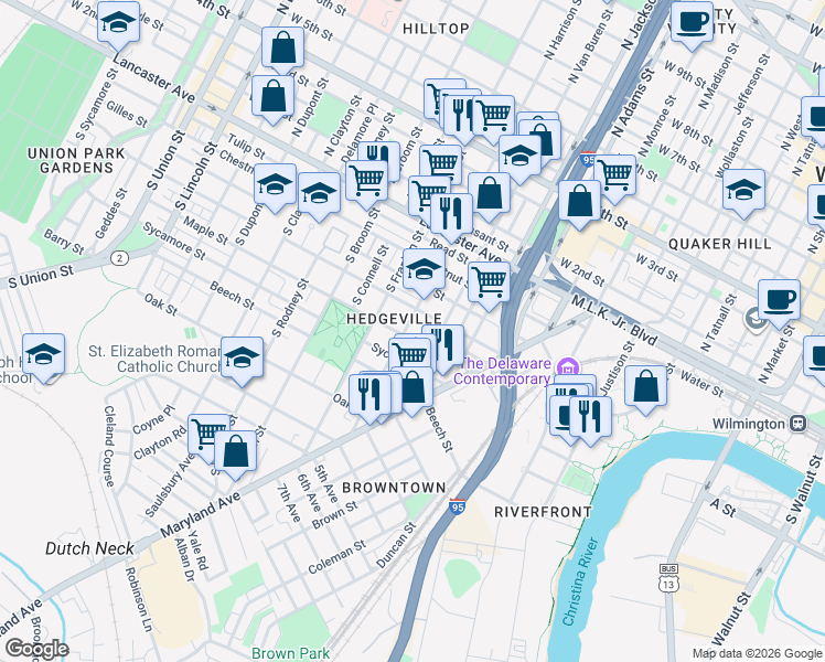 map of restaurants, bars, coffee shops, grocery stores, and more near 429 South Van Buren Street in Wilmington