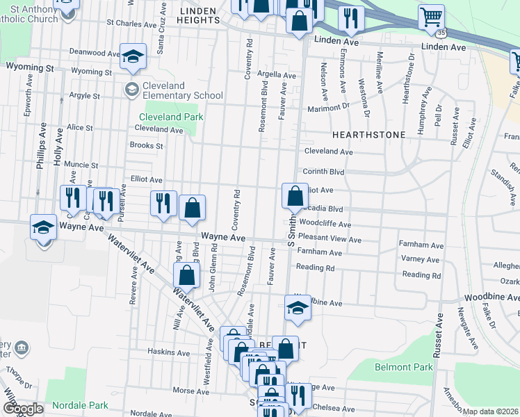 map of restaurants, bars, coffee shops, grocery stores, and more near 1900 Rosemont Boulevard in Dayton