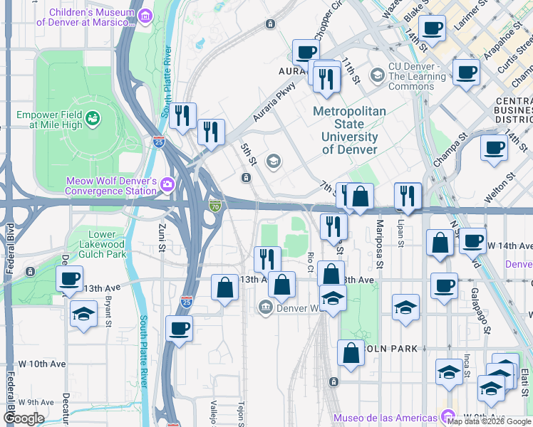 map of restaurants, bars, coffee shops, grocery stores, and more near 1640 West Colfax Avenue in Denver