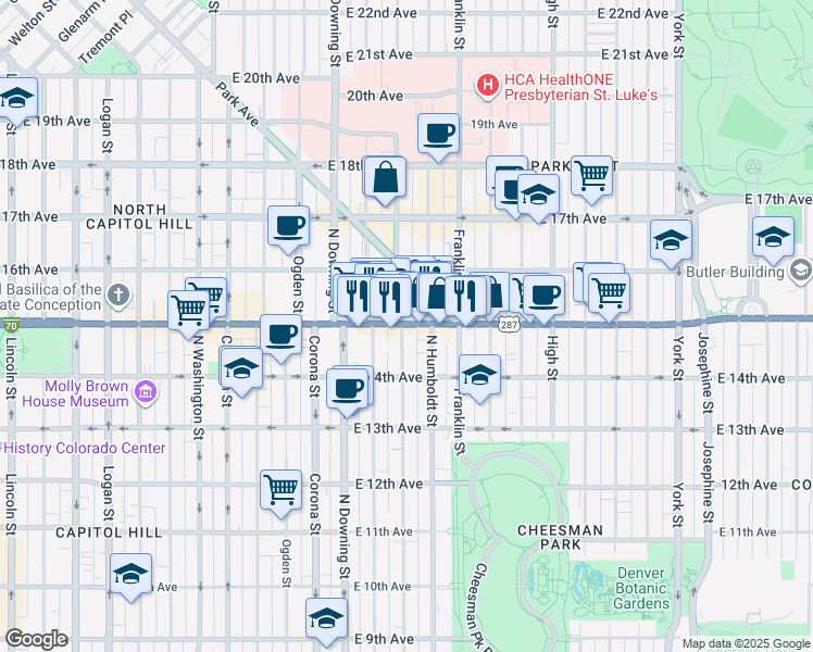 map of restaurants, bars, coffee shops, grocery stores, and more near 1444 North Lafayette Street in Denver