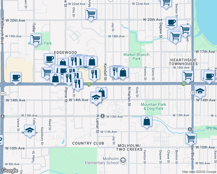 map of restaurants, bars, coffee shops, grocery stores, and more near 1450 Kendall Street in Denver