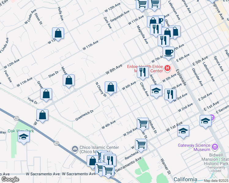 map of restaurants, bars, coffee shops, grocery stores, and more near 618 West 6th Avenue in Chico