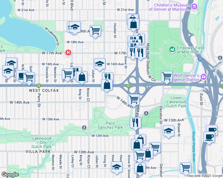 map of restaurants, bars, coffee shops, grocery stores, and more near 3270 West Colfax Avenue in Denver