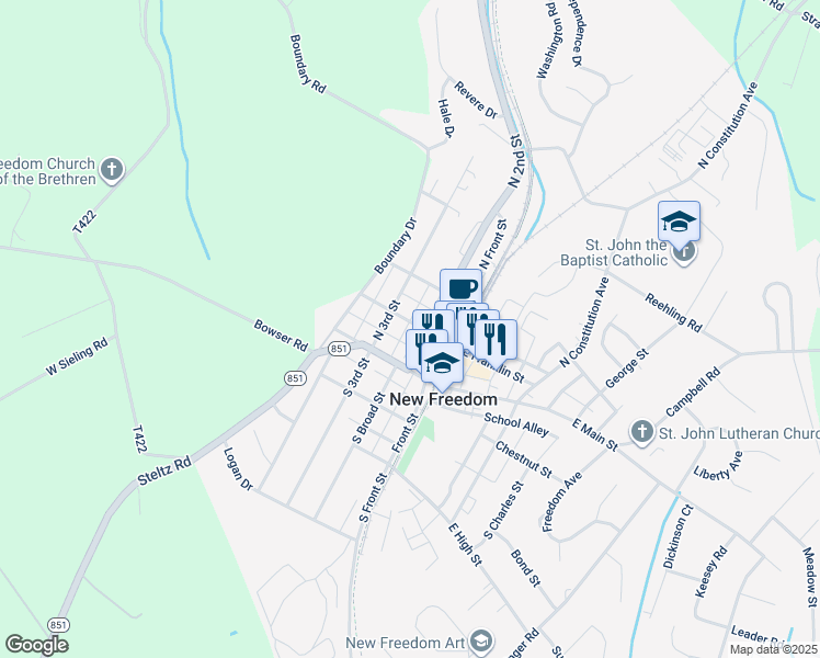 map of restaurants, bars, coffee shops, grocery stores, and more near 110 West Franklin Street in New Freedom