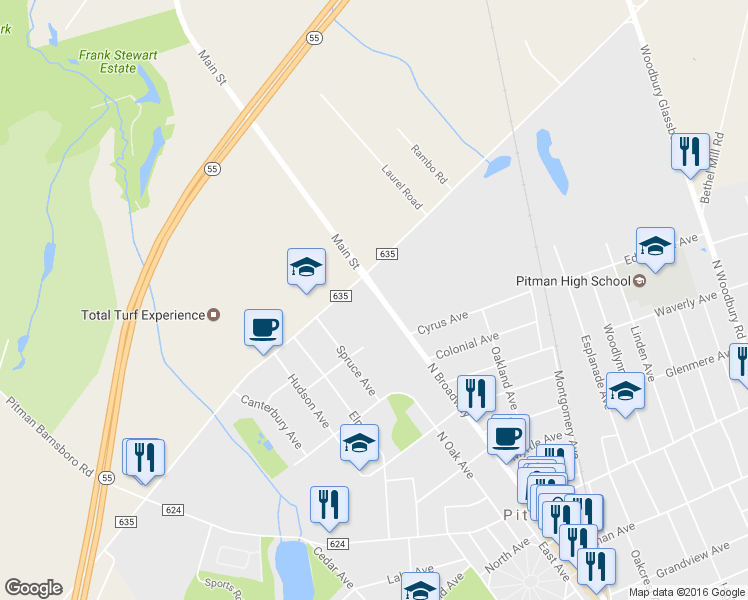 map of restaurants, bars, coffee shops, grocery stores, and more near 758 North Broadway in Pitman