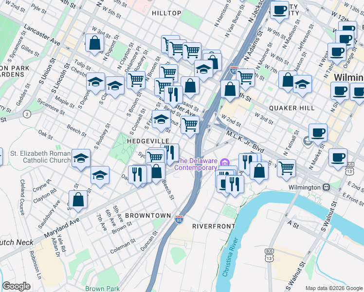map of restaurants, bars, coffee shops, grocery stores, and more near 407 South Jackson Street in Wilmington