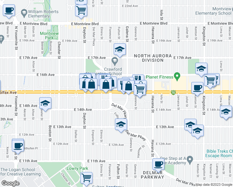 map of restaurants, bars, coffee shops, grocery stores, and more near 10000 East Colfax Avenue in Aurora