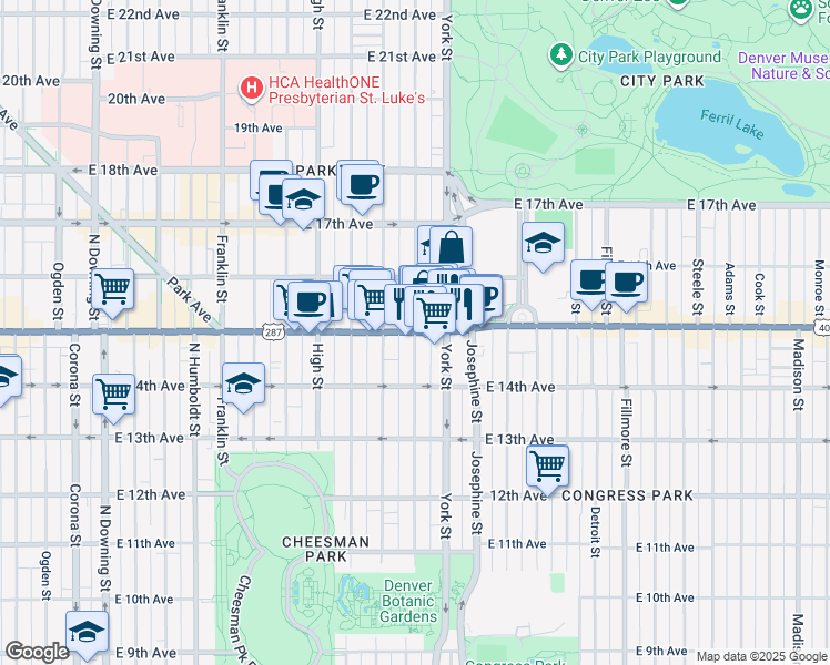 map of restaurants, bars, coffee shops, grocery stores, and more near N Gaylord St & E Colfax Ave in Denver