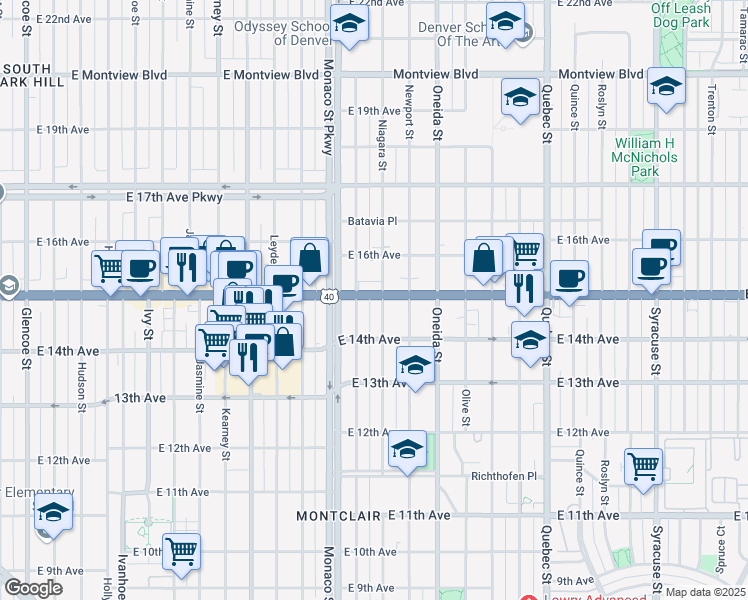 map of restaurants, bars, coffee shops, grocery stores, and more near 1460 Magnolia Street in Denver