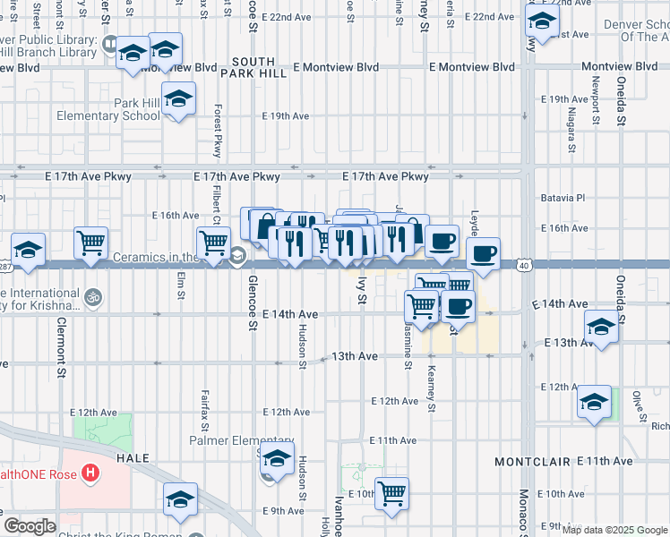 map of restaurants, bars, coffee shops, grocery stores, and more near 1465 Ivanhoe Street in Denver