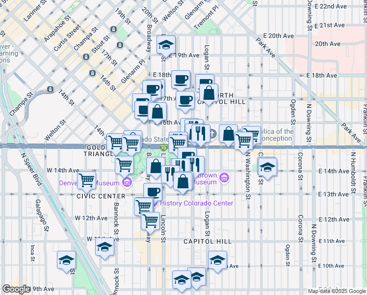 map of restaurants, bars, coffee shops, grocery stores, and more near 200 East Colfax Avenue in Denver