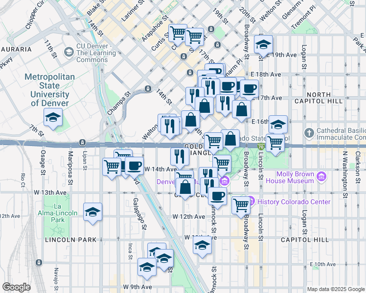 map of restaurants, bars, coffee shops, grocery stores, and more near in Denver