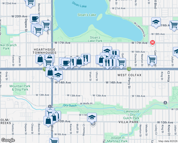 map of restaurants, bars, coffee shops, grocery stores, and more near 1453 Vrain Street in Denver