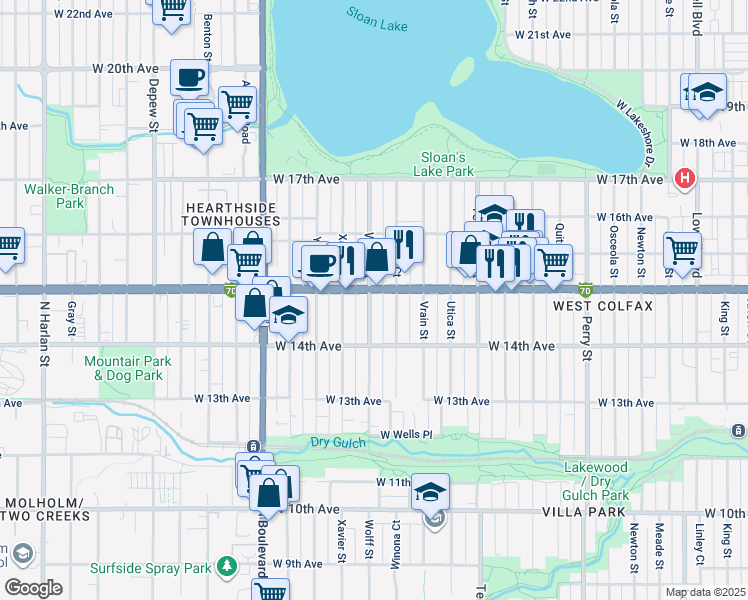 map of restaurants, bars, coffee shops, grocery stores, and more near 1461 Winona Court in Denver