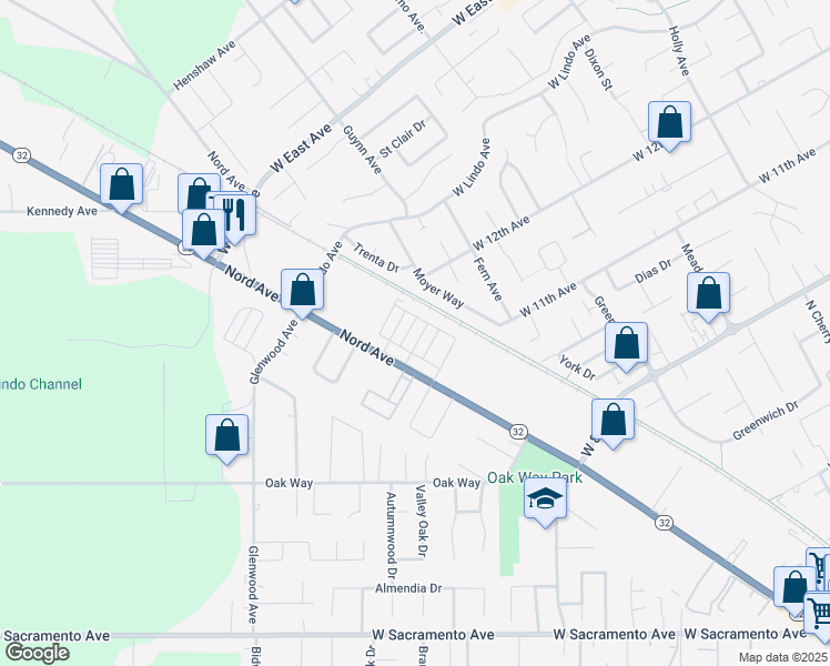 map of restaurants, bars, coffee shops, grocery stores, and more near 1332 Rossetti Lane in Chico