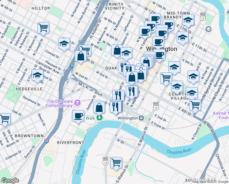 map of restaurants, bars, coffee shops, grocery stores, and more near 125 North Tatnall Street in Wilmington