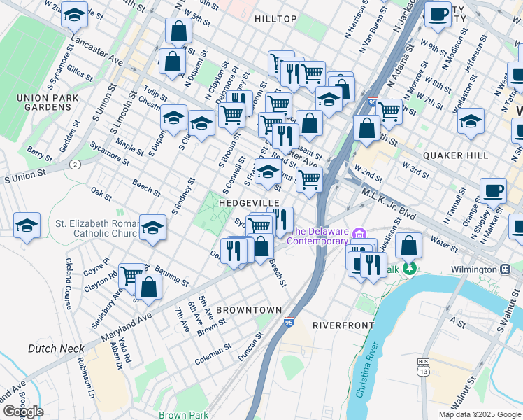 map of restaurants, bars, coffee shops, grocery stores, and more near 429 South Van Buren Street in Wilmington