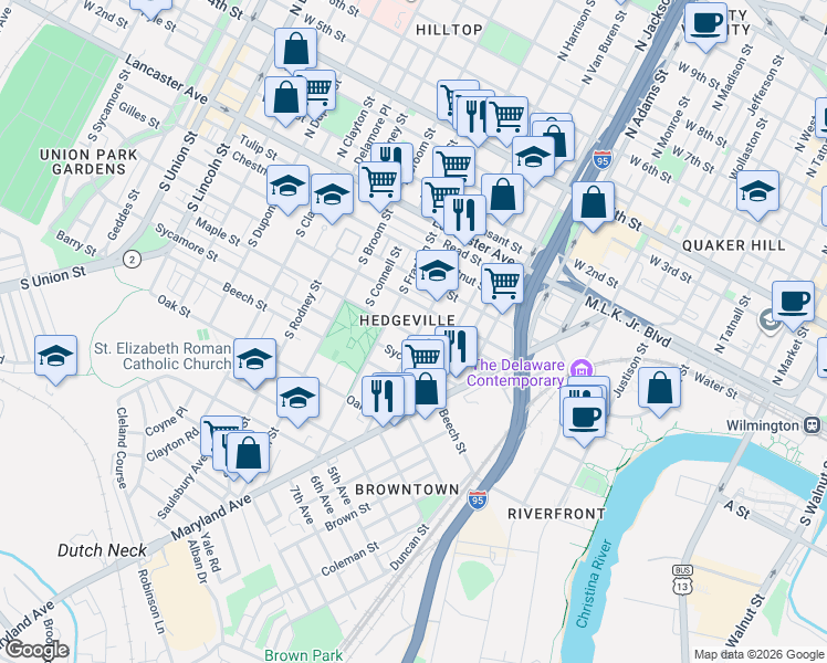 map of restaurants, bars, coffee shops, grocery stores, and more near 519 South Harrison Street in Wilmington