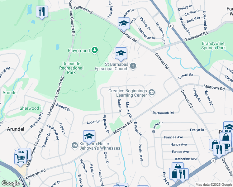 map of restaurants, bars, coffee shops, grocery stores, and more near 2629 Sherwood Drive in Wilmington