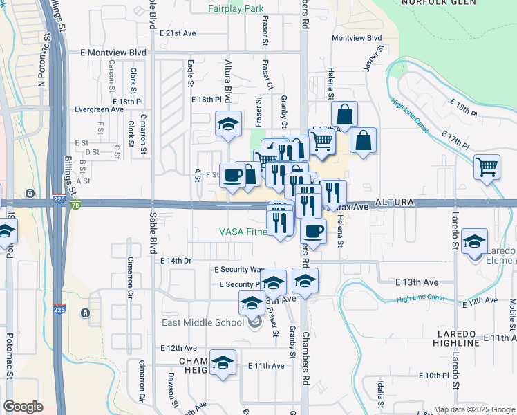 map of restaurants, bars, coffee shops, grocery stores, and more near 15070 East Colfax Avenue in Aurora
