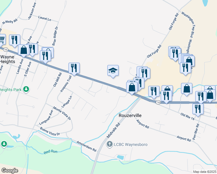 map of restaurants, bars, coffee shops, grocery stores, and more near 10828 Buchanan Trail East in Waynesboro