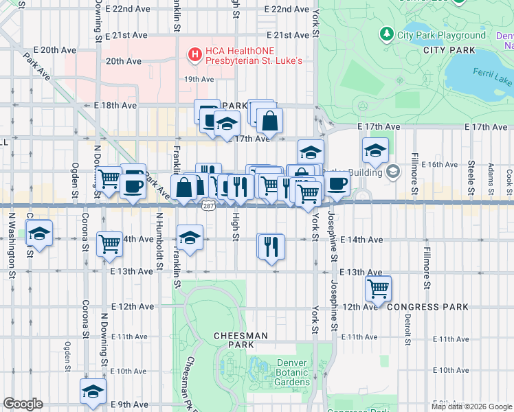 map of restaurants, bars, coffee shops, grocery stores, and more near 1457 Race Street in Denver