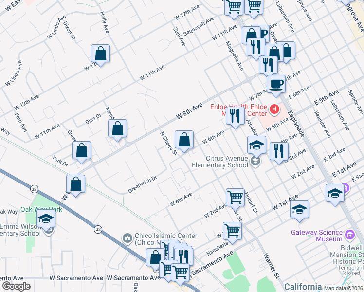 map of restaurants, bars, coffee shops, grocery stores, and more near 6 Smith Brothers Court in Chico