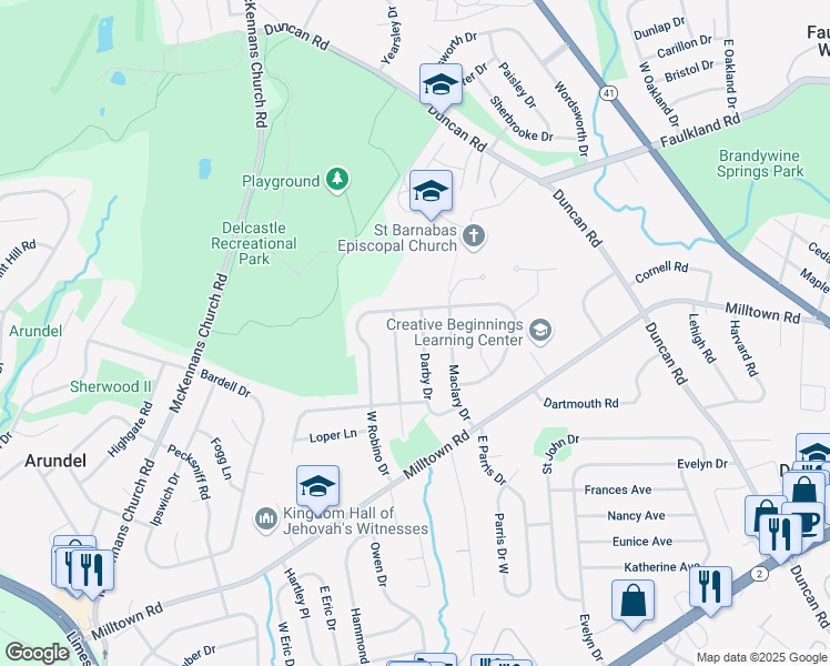 map of restaurants, bars, coffee shops, grocery stores, and more near 2629 Sherwood Drive in Wilmington