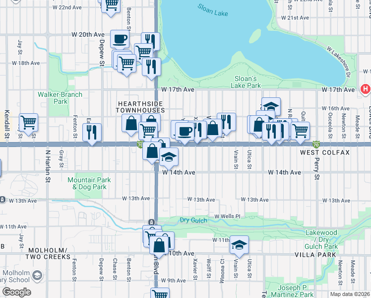 map of restaurants, bars, coffee shops, grocery stores, and more near 1457 Yates Street in Denver