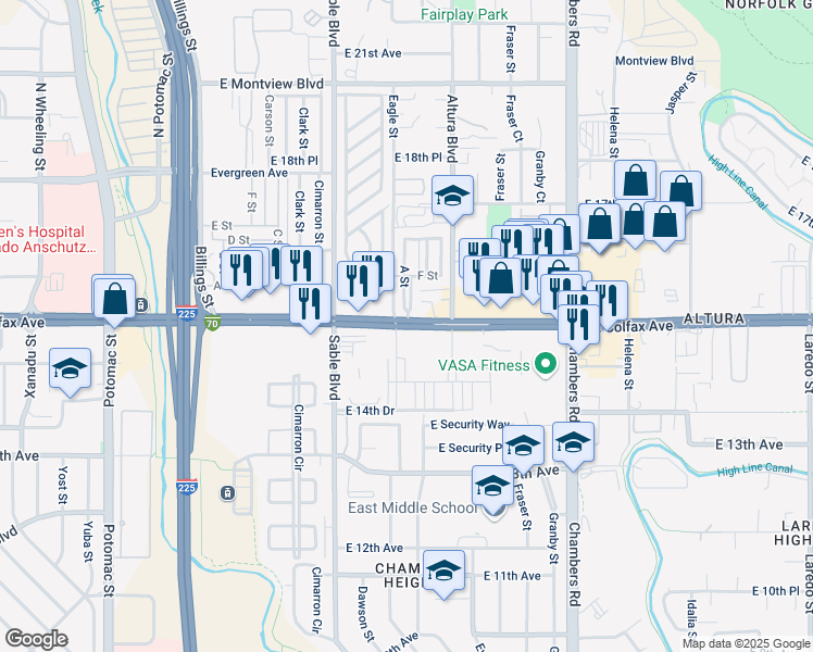 map of restaurants, bars, coffee shops, grocery stores, and more near 14742 East Colfax Avenue in Aurora