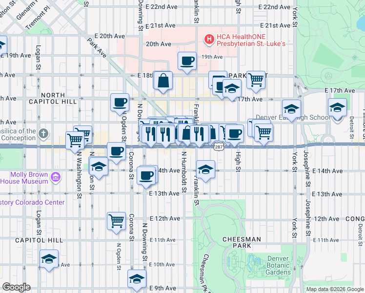map of restaurants, bars, coffee shops, grocery stores, and more near Humboldt St & E Colfax Ave in Denver