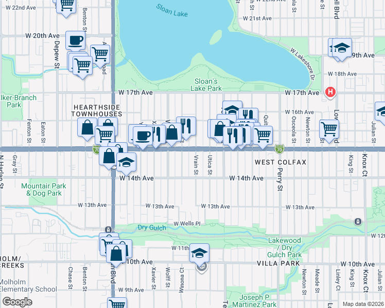 map of restaurants, bars, coffee shops, grocery stores, and more near 1453 Vrain Street in Denver