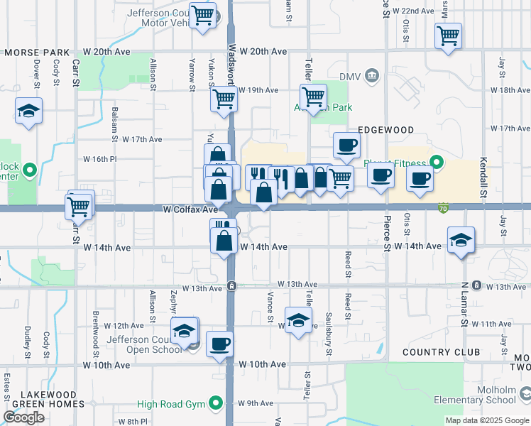 map of restaurants, bars, coffee shops, grocery stores, and more near in Lakewood