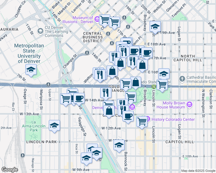 map of restaurants, bars, coffee shops, grocery stores, and more near W Colfax Ave & Delaware St in Denver