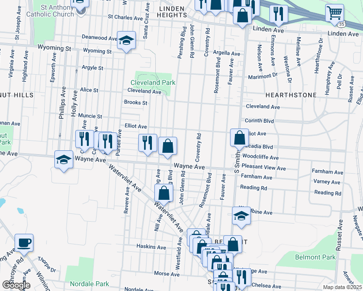 map of restaurants, bars, coffee shops, grocery stores, and more near 1905 John Glenn Road in Dayton
