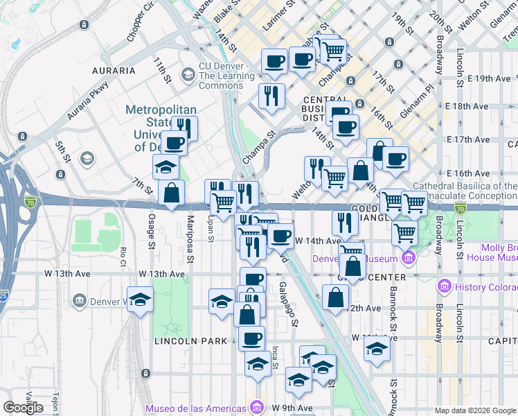 map of restaurants, bars, coffee shops, grocery stores, and more near 888 West Colfax Avenue in Denver