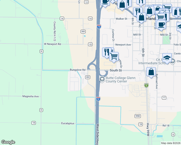map of restaurants, bars, coffee shops, grocery stores, and more near County Road Hh in Glenn County
