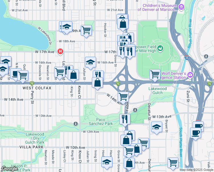 map of restaurants, bars, coffee shops, grocery stores, and more near 3275 West 14th Avenue in Denver