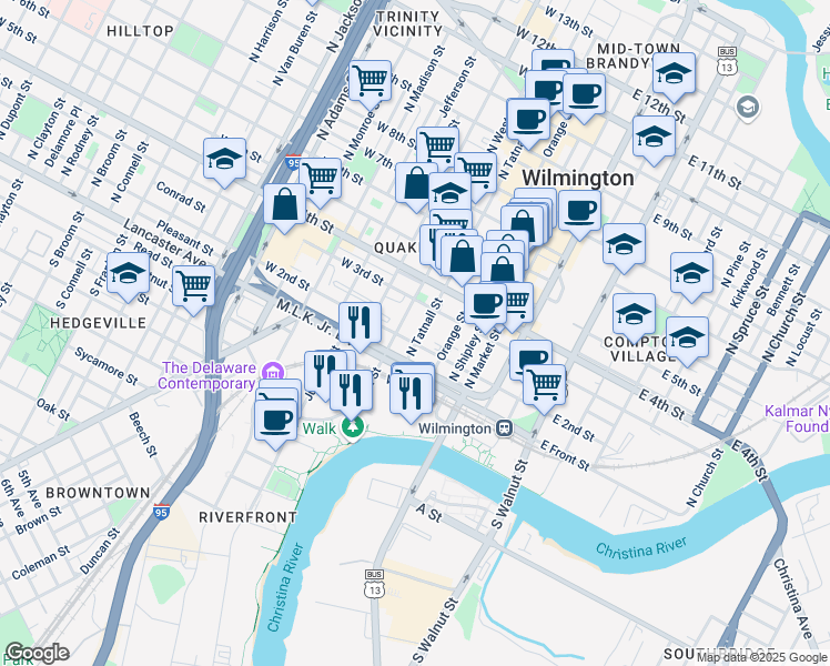 map of restaurants, bars, coffee shops, grocery stores, and more near 125 North Tatnall Street in Wilmington