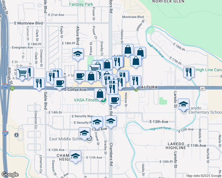 map of restaurants, bars, coffee shops, grocery stores, and more near in Aurora