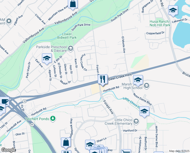map of restaurants, bars, coffee shops, grocery stores, and more near 5 Greg Court in Chico