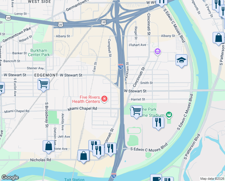 map of restaurants, bars, coffee shops, grocery stores, and more near 648 Clegg Street in Dayton
