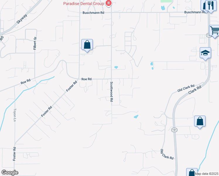 map of restaurants, bars, coffee shops, grocery stores, and more near 5295 Scottwood Road in Paradise