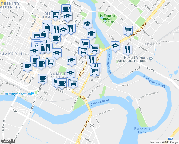 map of restaurants, bars, coffee shops, grocery stores, and more near 803 North Church Street in Wilmington
