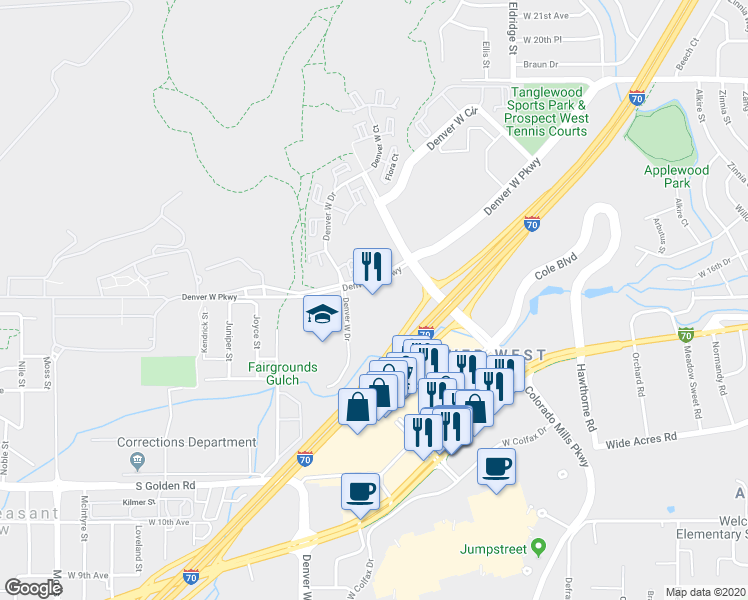 map of restaurants, bars, coffee shops, grocery stores, and more near 1717 Denver West Marriott Boulevard in Lakewood
