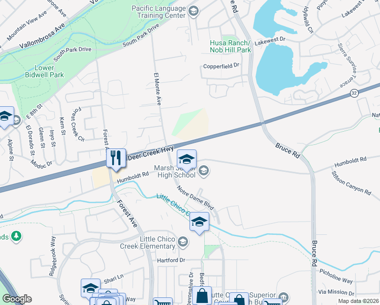 map of restaurants, bars, coffee shops, grocery stores, and more near 18 Morning Rose Way in Chico