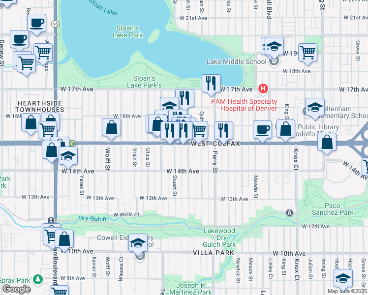 map of restaurants, bars, coffee shops, grocery stores, and more near 4200 West Colfax Avenue in Denver
